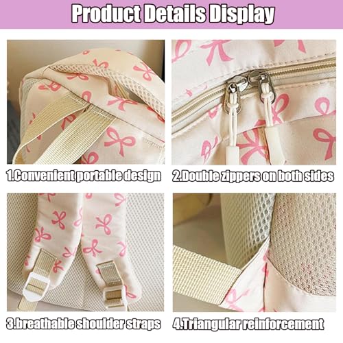 Coquette Bow Backpack 3Pcs Set, 3Pcs Set Bow Backpack for Girls, Cute Kawaii Backpacks Set Large Capacity (White)4