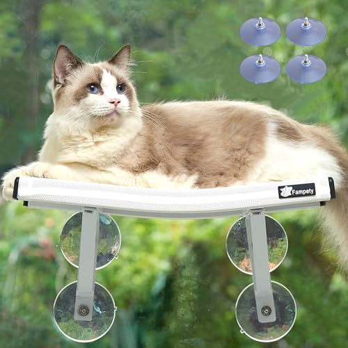 17\" Small Sturdy Safe Cat Window Perch 1pc Non-Collapsible for Narrow Space,Hold Up 60lb,Cordless,4pc Extra Suction Cup,Under Bracing By Metal Bracket,Easy Install,Textilene,Easy Clean,Quick Dry-White
