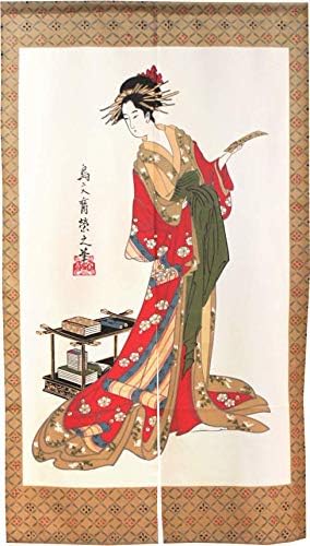 Amazon Co Jp のれん 浮世絵 和風 タペストリー 半間のれん 伝統 幅85 丈150cm 短冊と女 レース生地 56 ホーム キッチン