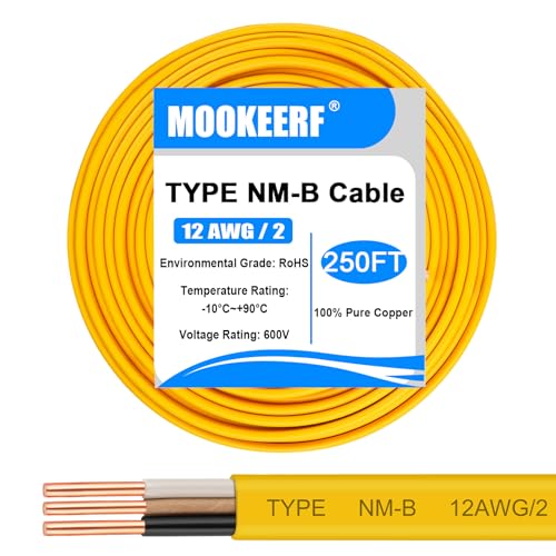 12/2 Wire with Ground - 250FT 12 Gauge NM-B Non-Metallic Sheathed Cable 100% Pure Copper 12 AWG 2 Conductor Residential Indoor Wire for Outlets, Switches, Other Loads and Lighting Wiring Projects etc.