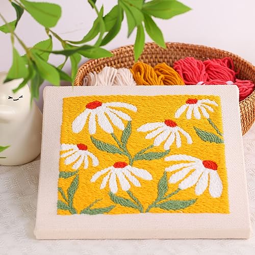 Image of Embroidery Punch Needle kit Frame, Embroidery Starter Kits for Beginner Kids,Punch Needle Fabric with Pattern,Threader, Yarns,Embroidery Hoops & Rug Punch (Yellow)