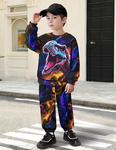 Image of Boys Clothes, T-Rex Print Dinosaur Boy Clothes Fall Winter Outfits Long-sleeved Hooded Sweatshirt Pants 2Pcs Set