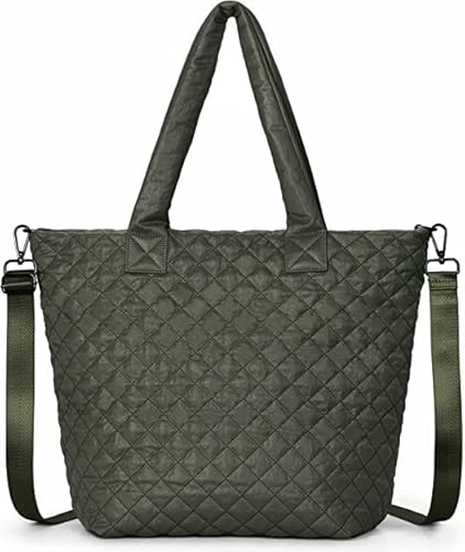 Hsitandy Quilted Tote Bag for Women,Weekender Bag,Light Nylon Quilted Crossbody Shoulder Bag for Travel,Work(Dark Green)