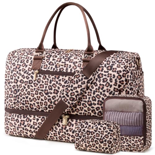 LOVEVOOK Travel Duffle Bag for Women, Weekender Overnight Bag with Shoe Compartment, Carry on Case with Toiletry Kit, Gym Duffel Bag with Wet Pocket, Hospital bags for Labor and Delivery, 3 Pcs Set