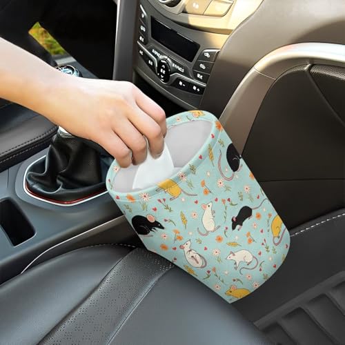 Image of Car Trash Bag Portable Garbage Bin Cute Rats Floral Leaf Printed for Car Front Seat, Back Seat, Floor, Easy to Clean Accessory Car Interior Decoration