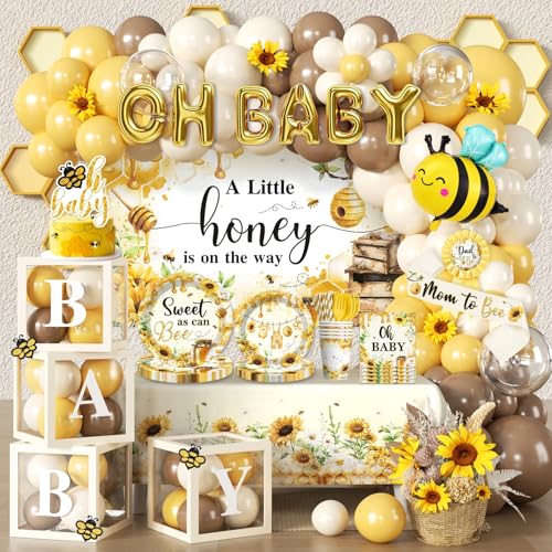Cocomigo 257 Pcs Bee Baby Shower Decorations Worry-Free One-Stop Set Serves 25 Guests with Bumble Bee Foil Balloons Backdrop Thick Plates and Cake Toppers Easy Setup for Honey Bee Theme Party