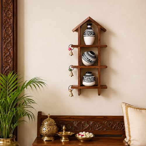 Image of AAKRITI ART CREATIONS Warli White Pots Wooden Wall Ladder Decor