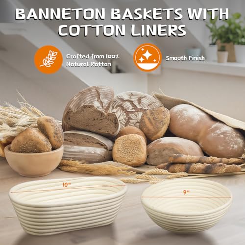 Image of Dimpola Banneton Bread Proofing Basket - Banneton Basket Set Sourdough Proofing Basket Round Proofing Bowls Handmade Rattan Baskets and Liners (Oval & Round Gift Set)