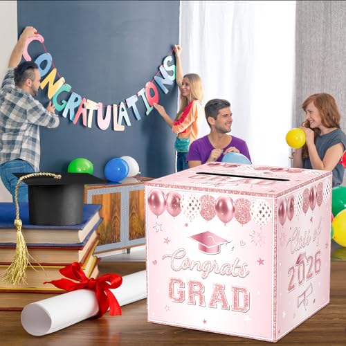 Image of Pink Graduation Congrats Card Box, Class of 2026 Rose Gold Graduation Party Decorations Money Card Boxes Holder, Graduation Gift Card Box for Grad Parties Supplies 8.7 x 8.7 x 8.7 Inch