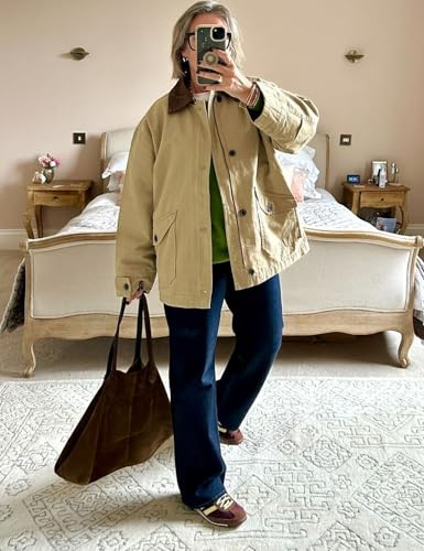 Kissonic Womens Oversized Barn Jacket Button Down Corduroy Lapel Collar Canvas Jacket Outwear 5