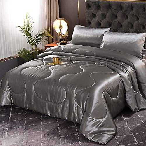 Sisher 5 Pcs Grey Silk Comforter Queen, Silver Bedding Set Soft, Luxury Satin Bed Sets Bed In A Bag(1 Comforter, 2 Pillowcases, 1 Flat Sheet, 1 Fitted Sheet) #TOP30