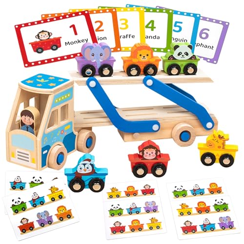 CORPERTOYS 木製 知育おもちゃ ミニカー 動物カーセット 仕分け遊び 動物認識 積み木トラック 変形設計 12枚カード付き 21PCS パンダ ゾウ ライオン ペンギン子供用 プレゼント クリスマス