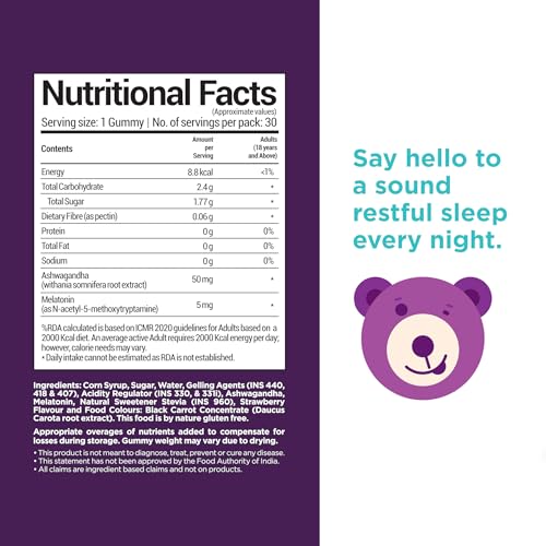 Image of NutriBears Blissful Sleep Melatonin Gummies with Ashwagandha for Mind and Body Deep, Restful, Calming Nighttime Relaxation, Ease Jet Lag, Strawberry Flavour, 90 Gummy Chewables
