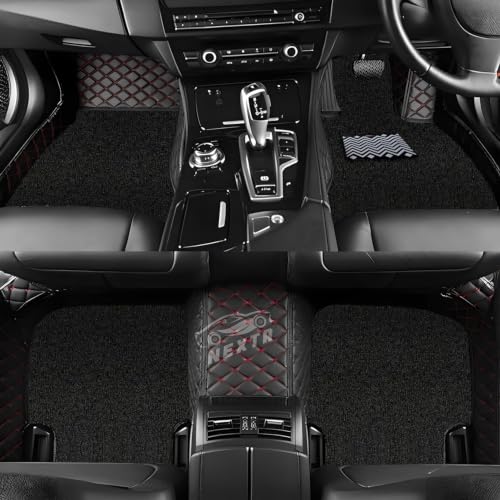 Image of Premium 7D Car Floor Mat Full Set for Volvo S90 Model (2016-2017)|| Luxury Leather with Grass Mat Complete Set || 100% Waterproof and Washable || Color : (Black and Red)