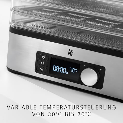Dehidrator WMF Küchenminis iz nerjavečega jekla, dehidrator s 5 vložki, 30-70°C, časovnik do 24 ur, sušilnik sadja, dehidrator, 2 škatli za shranjevanje, oblika žitne ploščice, deli primerni za pomivanje v pomivalnem stroju