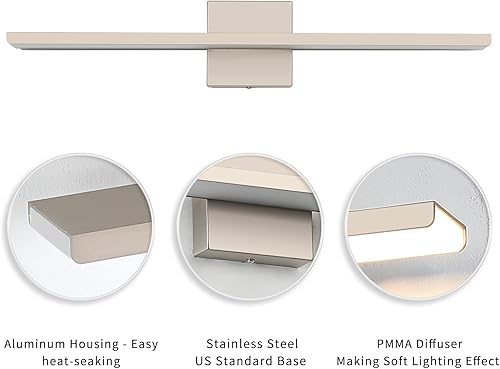 Miniatura 6 de JUSHENG Lámpara de tocador de baño de níquel cepillado, moderna y regulable, barra de luz LED para baño, 24 pulgadas, 24 W, 3000 K, blanco cálido