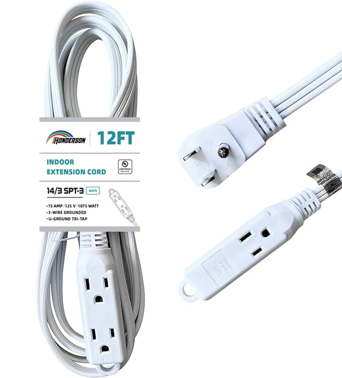 HONDERONS 12FT 3 Outlets White Flat Plug Extension Cord,14/3 SPT-3 Extension Cable 3 Prong Grounded,Durable Power Cable for Home,Office