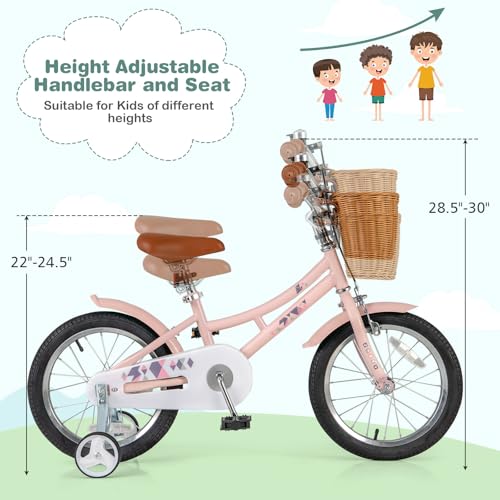 Image of BABY JOY Retro Kids Bike, 12 14 16 18 Inch Child Bike for 3-8 Years Old w /Rattan Basket, Adjustable Height, Training Wheels, Fenders, Handbrake Coaster Brake, 95% Pre-Assembled Kids Bicycle for Girls