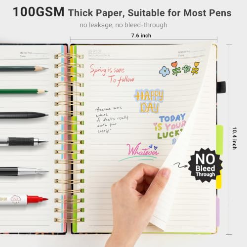 Hardcover Spiral Journal Notebook, 300 Pages 5 Subject Notebook College Ruled with Removable Dividers Tabs, 8" x 10" Notebooks for Work, Spiral Ruled Lined Writing Journal Hardcover Leather Notebook for School (Black Floral, 8''x 10'') - Image 5