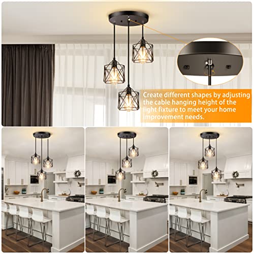 Licperron Industrial 3-Light Pendant Light, Adjustable Kitchen Hanging Ceiling Light Fixtures with Metal Cage, Black Farmhouse Pendant Lighting for Kitchen Island Dining Room Hallway, E26 Base - Image 3