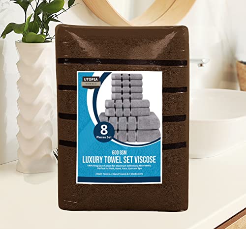 Utopia Towels 8-Piece Luxury Towel Set, 2 Bath Towels, 2 Hand Towels, And 4 Wash Cloths, 600 Gsm 100% Ring Spun Cotton Highly Absorbent Viscose Stripe Towels Ideal For Everyday Use (Dark Brown) #TOP7