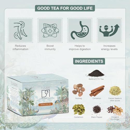 Image of Dabri Masala Tea Premium 32 Pyramid Dip Tea Bags|Pack of 2 x 16 Bags Each|Kadak Masala Chai Patti Powder with Natural Spices|Natural & Aromatic Blend|Boosts Immunity, Increases Energy Levels
