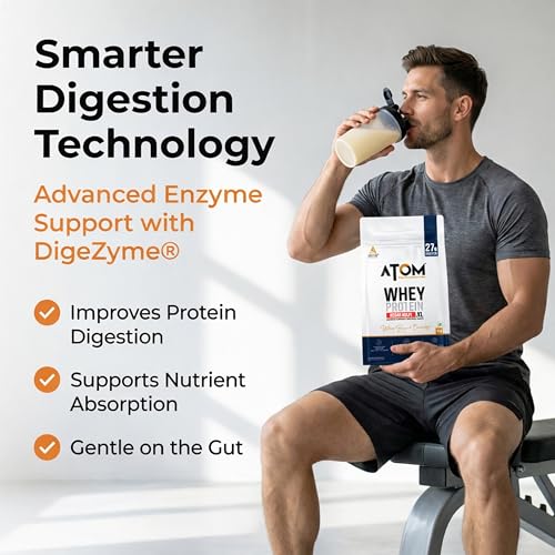 Image of AS-IT-IS ATOM Whey Protein XL, Kesar Kulfi, 1kg - with DigeZyme & Fermented Yeast Protein I High Absorption, Supports Muscle Growth, Recovery & Strength - Hybrid Protein for All Day Fuel