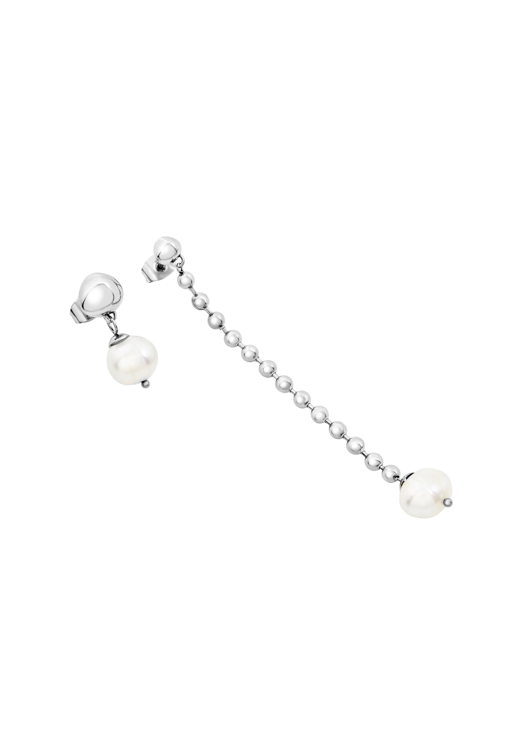 Breil, Collezione B Rocks, Orecchini Donna Asimmetrici in Acciaio con Perle Naturali di Acqua Dolce e Boule in Acciaio Lucido, Chiusura a Farfalla, Idea Regalo Donna
