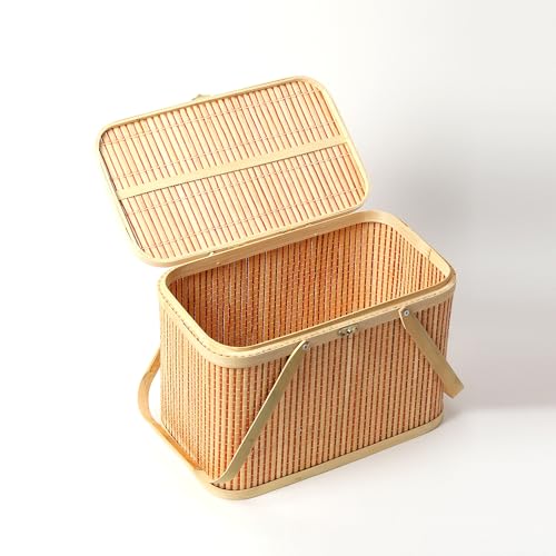 Image of Habere India-All the Cultures Fabricating India Basket for Lunch | Bamboo Picnic Basket with Top Handle | Morden Picnic Baskets Ideal for Outdoor Dining and Family Picnics (Beige : L33xW21xH20 cm)