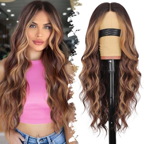 Eawwii Long Chocolate Brown Highlights Wig with Bangs for Women,Layered