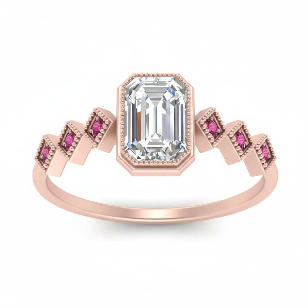 Choose Your Gemstone Bezel Set Emerald Accented Diamond CZ Ring Rose Gold Plated Emerald Shape Side Stone Engagement Rings for Women, Girls and Ladies US Size 4 to 12