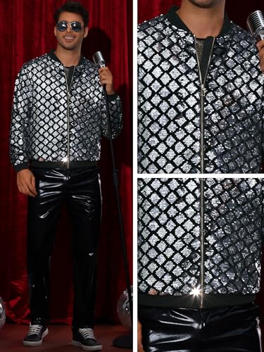 Image of Lars Amadeus Argyle Sequin Bomber Jacket for Men's Party Club Shiny Baseball Varsity Jacket