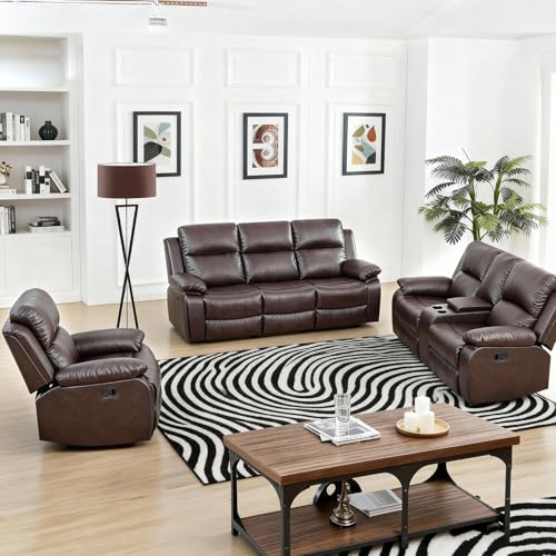 Saxum Tegmen Living Room Furniture Sets, Leather Recliner Sofa, Sectional Sofa Set with Coffee Table & Cup Holders, 3 Pieces Furniture for Living Room/RV/Office (3 Pieces Set, Brown Leather)