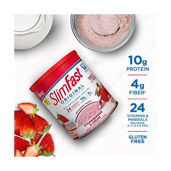 SlimFast Meal Replacement Powder, Original Strawberries & Cream, Weight Loss Shake Mix, 10g of Protein, 14 Servings
