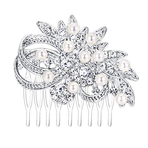 EVER FAITH Women's Austrian Crystal Cream Simulated Pearl Wedding Flower Hair Comb Clear Silver-Tone