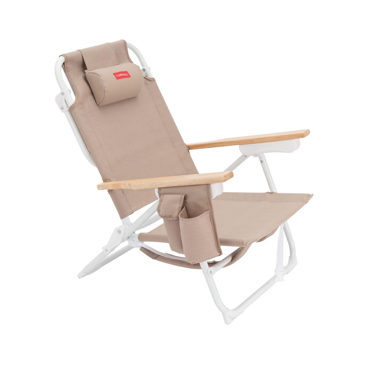 Flamingueo Silla Playa Plegable - Reclinable 5 Posiciones - Bolsillo Insulado Frío - Bolsillo para Móvil - Asas Mochila - Almohada Ergonómica - Aluminio y Textileno - Beige