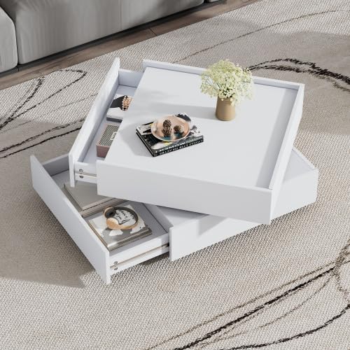 Merax Tavolino da salotto 60 x 60 x 38 cm per soggiorno, girevole a 360°, tavolo da soggiorno con 2 ripiani e vano portaoggetti