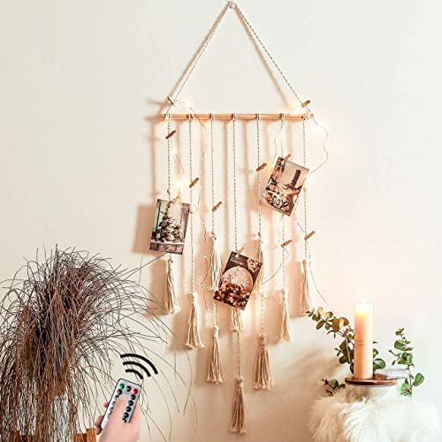 Image of ecofynd Cotton Photo Display Wall Hanging Picture Organizer, Boho Aesthetic Home Decor with 20 Wooden Clips, Bohemian Frame for Bedroom Living Room Decorative Items (BH006)