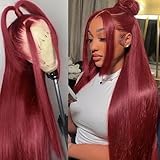 QD-Tizer 13x6 Glueless Wine Red Color Synthetic Lace Front Wigs Burgundy Long Straight Hair Wigs for Women Glueless HD Lace Front Wig For Cosplay Party