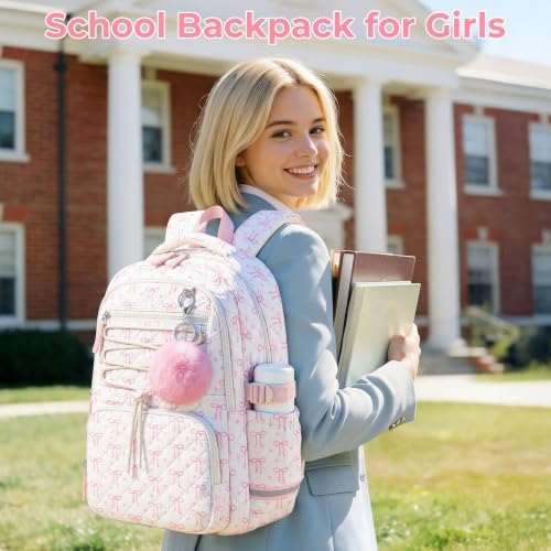 WOBAGMEN Backpack for Women,Cute Quilted Backpack with Multi-Pocket, Lightweight Anti Theft Bookbag Fits 15.6" Laptop (Pink Bow Heart, M) - 5