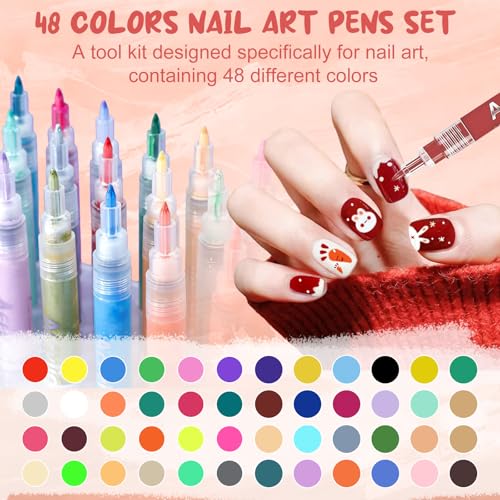 Image of 48 Color Nail Art Pens for Painting Nails, 0.7 MM Nail Polish Pens Drawing Point Liner Acrylic Painted Pen Kit, Waterproof Quick-drying for DIY Nails Art Design Manicure Tools