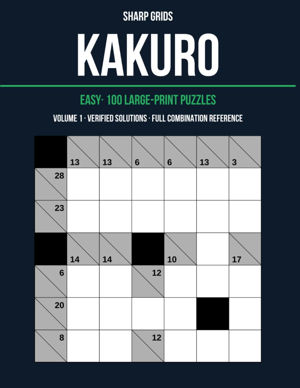 Kakuro: Easy · 100 Large-Print Puzzles · Volume 1 · Verified Solutions · Full Combination Reference (Sharp Grids)
