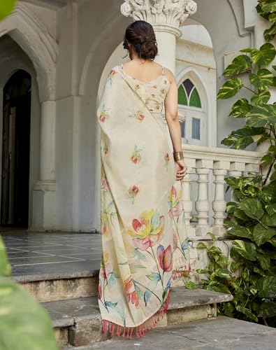 Image of Yashika Women's Chanderi Floral Digital Print Chandheri Saree with Unstitched Blouse Material