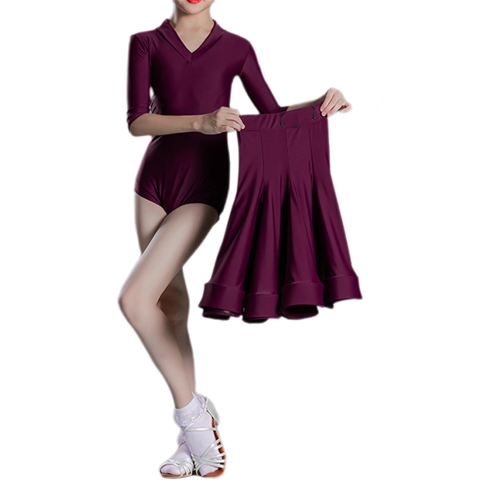 Completi da Allenamento alla Moda per Bambini - Gonna a Pieghe in Seta al Latte 2 Pezzi, Top con Cerniera Posteriore a Maniche Corte - Abbigliamento da Ballo da Competizione