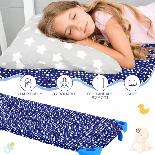 Image of Peryiter 12 Pcs Cot Sheets for Daycare Standard Size 24 inch x 51 inch Toddler Nap Mat Sheets Star Pattern with Corner Elastic Loops Breathable Bed Fitted Cot Crib for Preschool Child Kid Boy Girl (Navy Blue)
