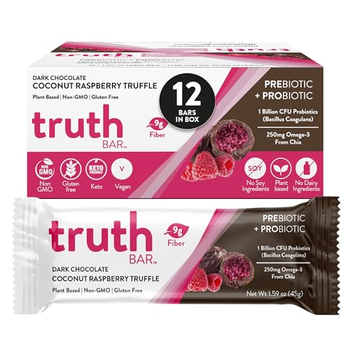 Truth Bar Prebiotic & Probiotic Keto Snack Vegan Bars with Omega-3’s – Synbiotic High Fiber Snacks – Low Sugar, Kosher, Gluten Free – Dark Chocolate Coconut Raspberry Truffle (Pack of 12)