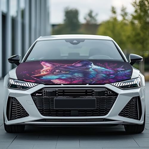 Image of Wolf Head Print Car Hood Cover Elastic Polyester Cover for Car Hood Washable Automotive Accessories Easy Installation for Car Hood Protection and Decoration
