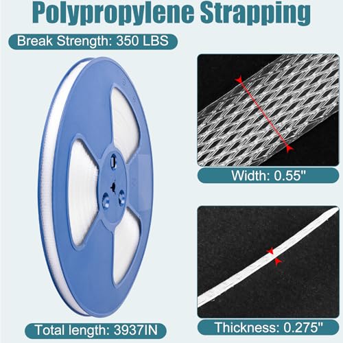Image of MYFAMIREA Packaging Strapping Banding Roll with Pallet, 0.55'' x 3937'' Heavy Duty Pallet Strap 350 LBS Break Strength, Polypropylene(PP) Plastic Strapping for Box Packaging and Shipping, Clear