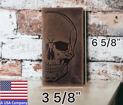 Image of F&L CLASSIC Men's RFID Vintage Look Genuine Leather Long Bifold Wallet Checkbook Wallets, classic brown with skull embossment, Bi-fold Full Grain Leather Checkbook Wallet