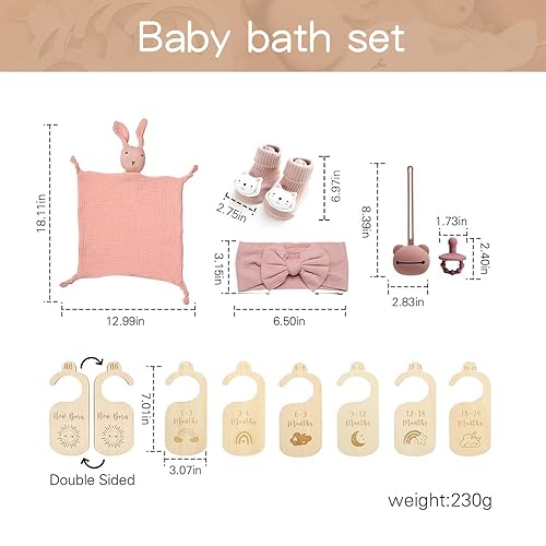 Miniatura 8 de Set de regalo para bebés recién nacidas, cesta de regalo de baby shower con diadema de lazo, calcetines, manta calmante para bebé, toalla para baba,
